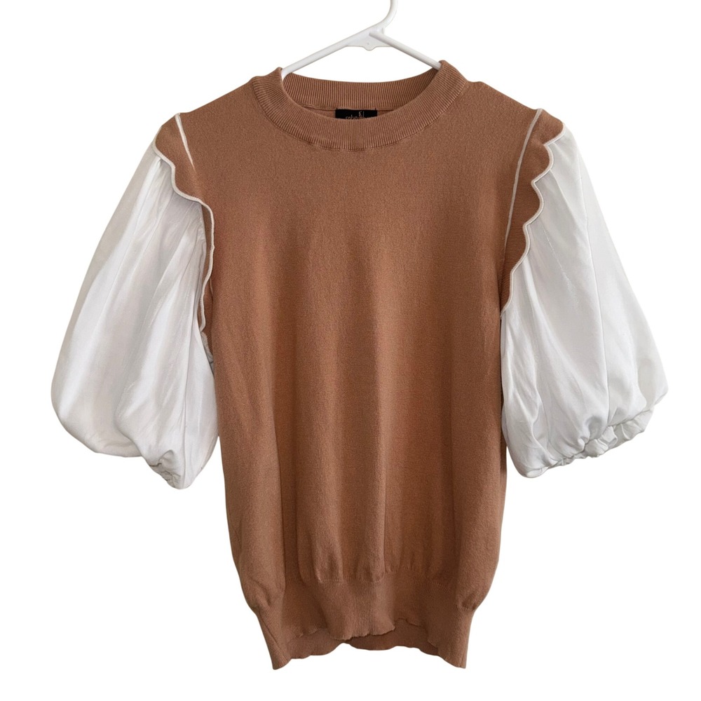 Ontwelfth Women's XL Camel Knit Top White Balloon Sleeves Ruffle Trim